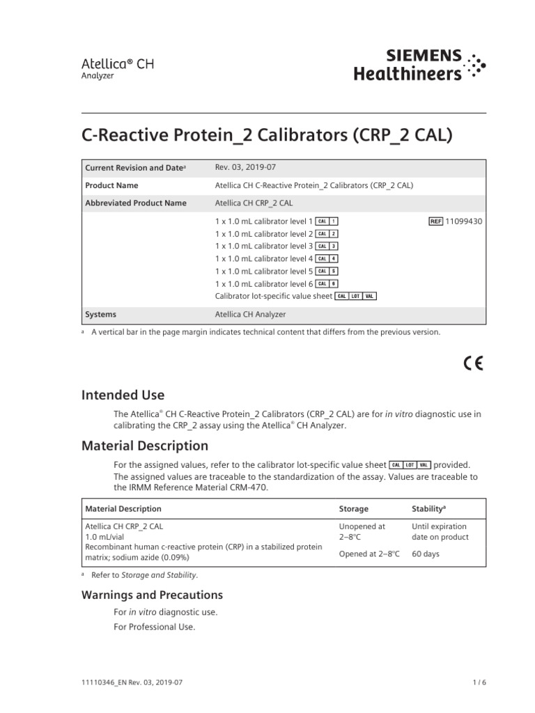 CRP - 2 CAL - C Reactive - Protein - 2 - Calibrators - 11099430 - 2019. ...