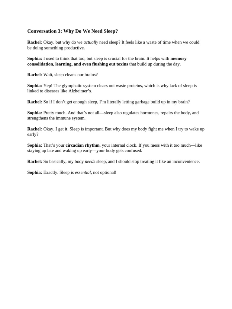 Conversation 3: Why Do We Need Sleep?: Rachel | PDF