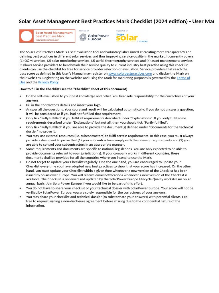 Solar Best Practices Mark Checklist 2024 | PDF | International ...