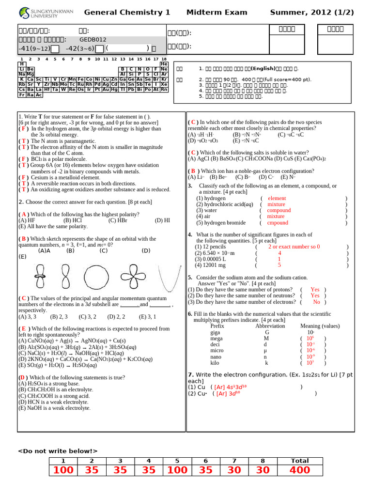 General Chemistry 1 Midterm Exam 2012 | PDF | Chemical Compounds | Redox