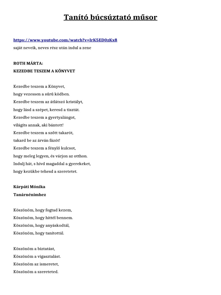 Tanító Búcsúztató Műsor | PDF