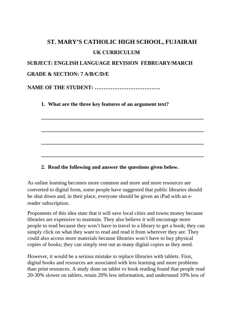 Grade 7 English Language Revision Feb - March Classwork | PDF ...