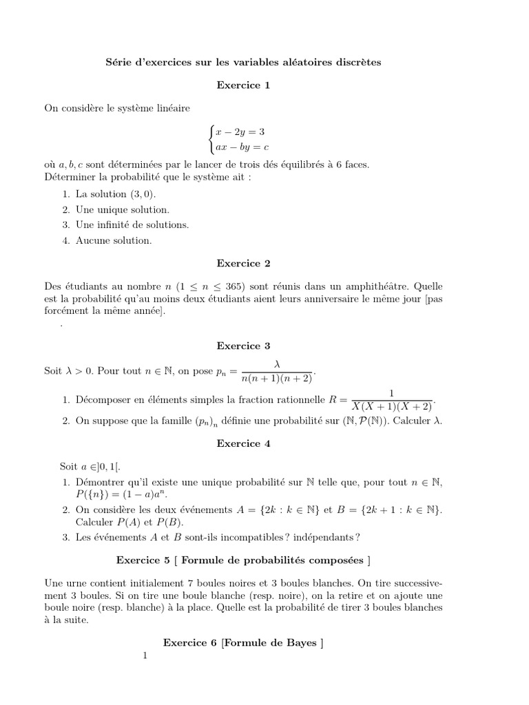 Exercices sur les variables aléatoires discrètes | PDF | Espérance ...