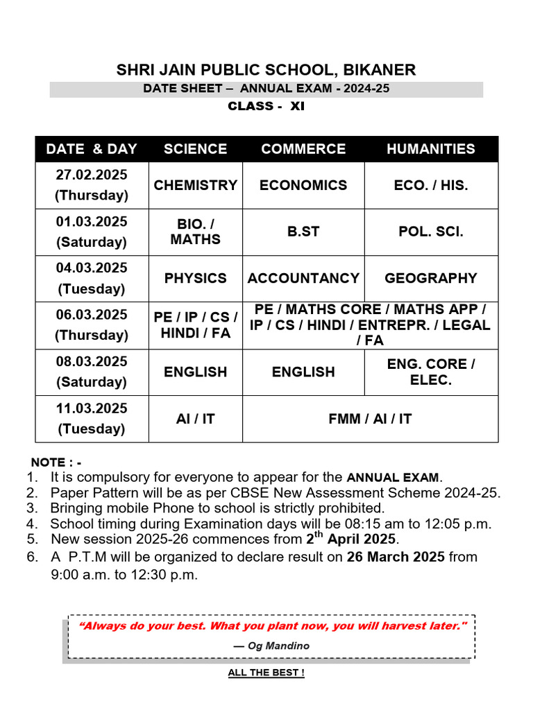 Class 11 Annual Exam Date Sheet 2025 | PDF