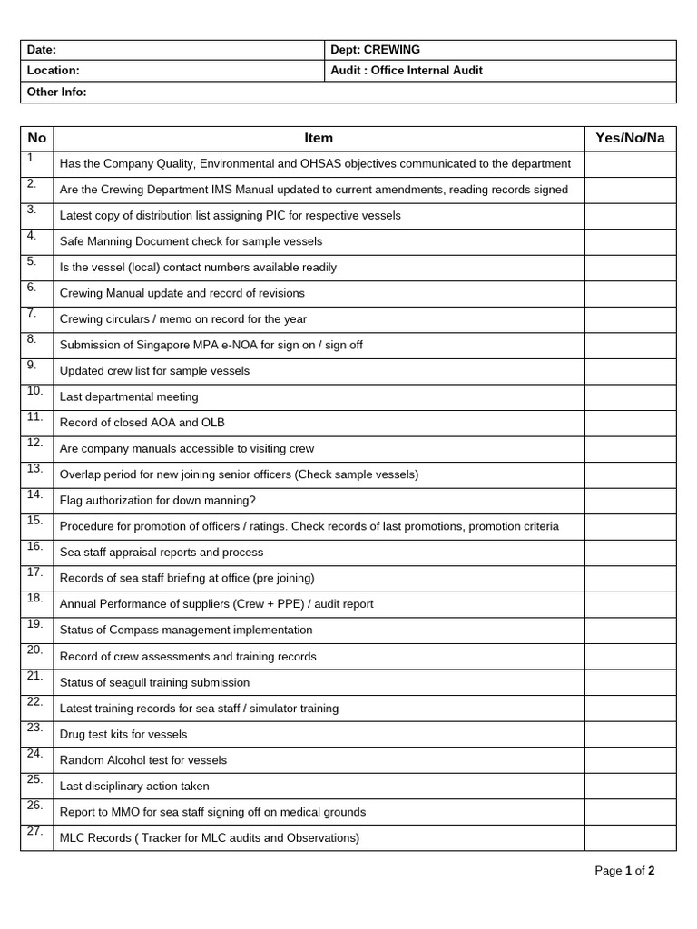 Crewing Department Safety Audit Report | PDF