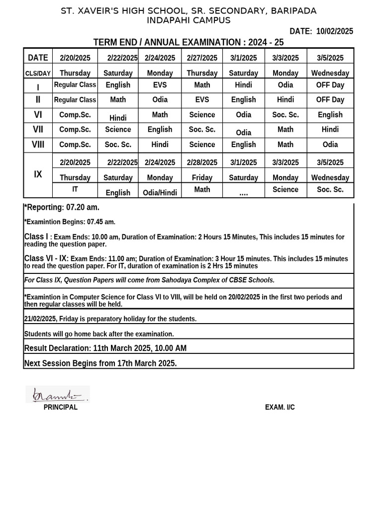 Class IX Exam Schedule 2025 | PDF