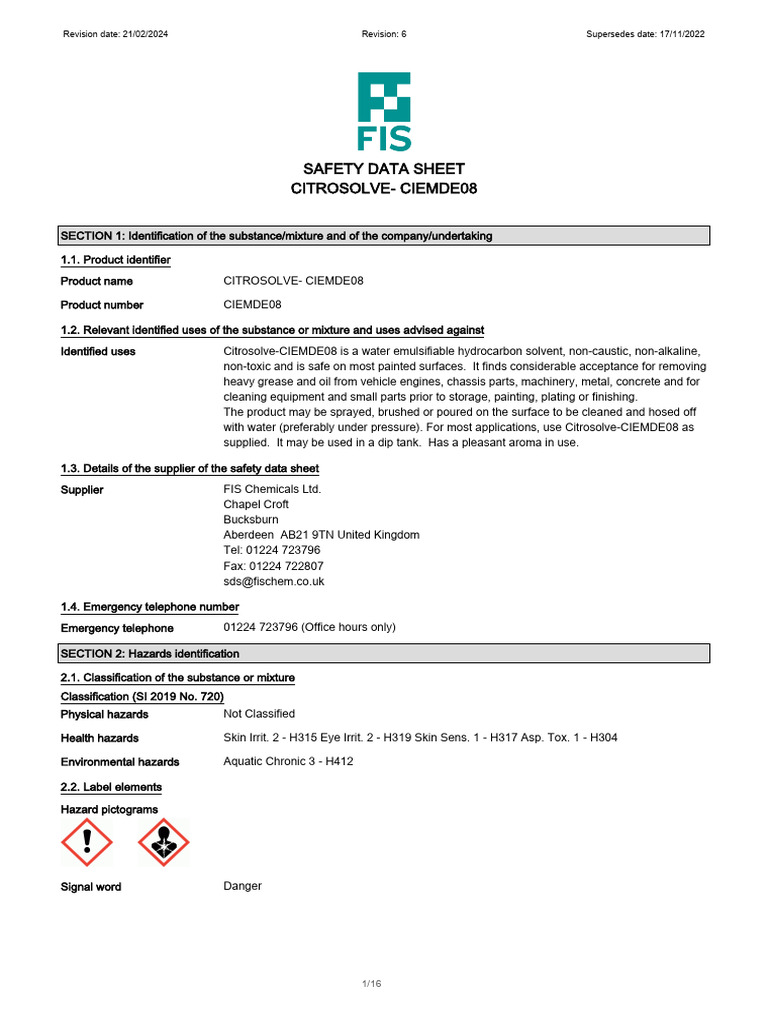 Citrosolve Safety Data Sheet Summary | PDF | Toxicity | Dangerous Goods