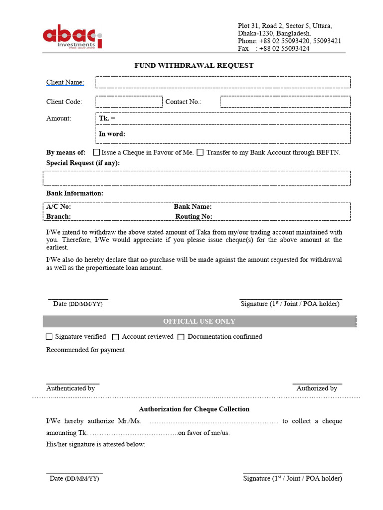 Fund Withdrawal Request Form Template | PDF