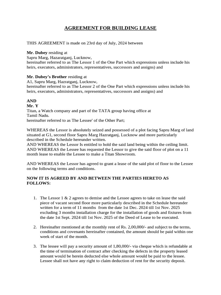 Agreement For Building Lease | PDF | Lease | Landlord–Tenant Law