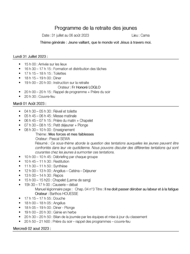Programme de La Retraite Des Jeunes 2023 | PDF