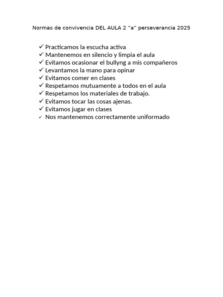 Normas de Convivencia en el Aula 2A | PDF