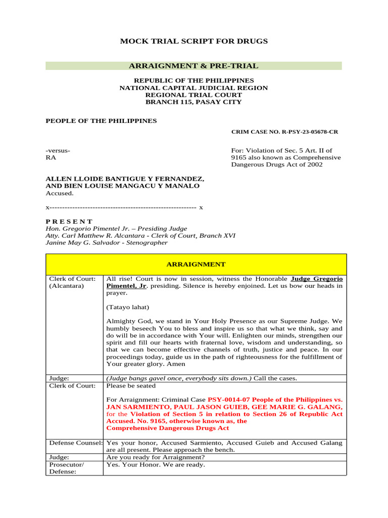 Drug Case - Mock Trial Script | PDF | Plea | Plea Bargain