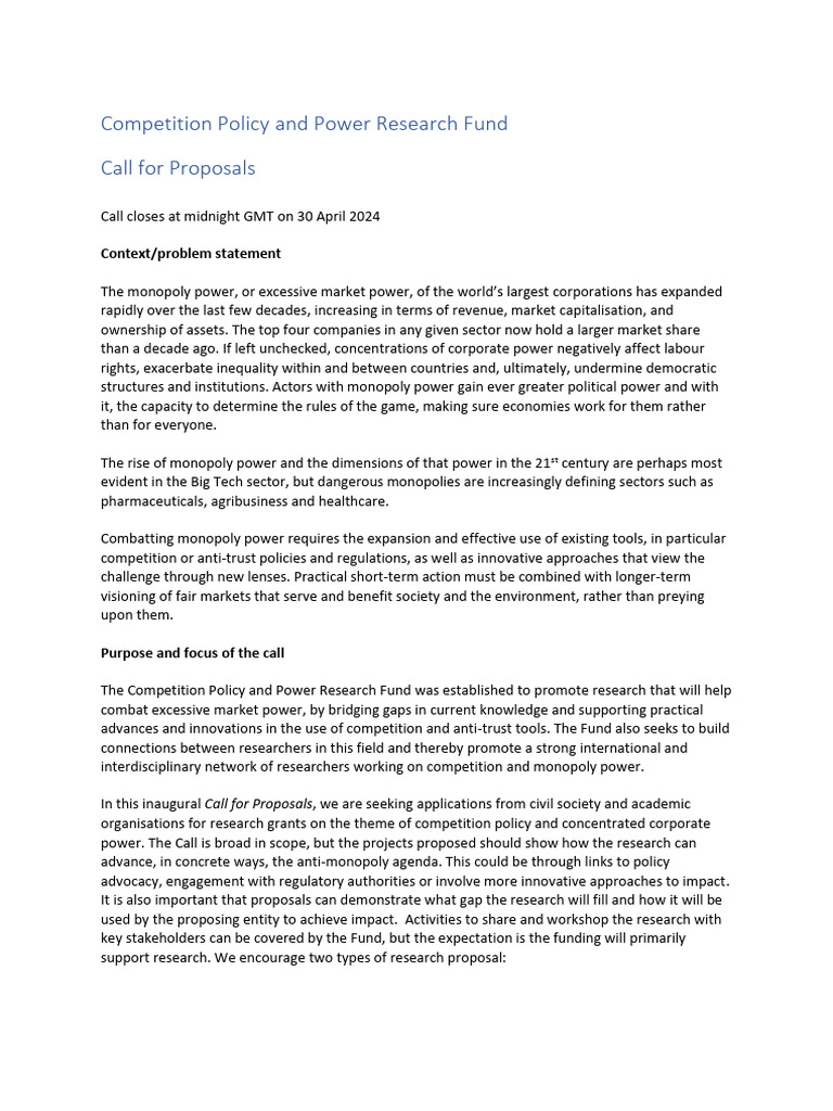 Call for Proposals: Competition Research Fund | PDF | Policy | Competition