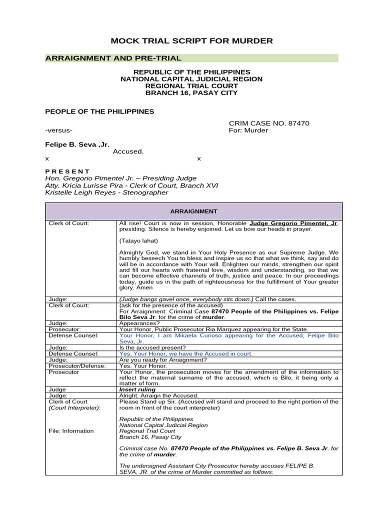 Mock Trial Script: Murder Arraignment | PDF | Prosecutor | Plea