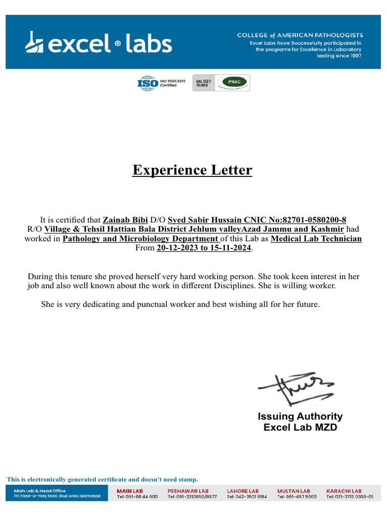 Lab Technician Experience Certificate | PDF
