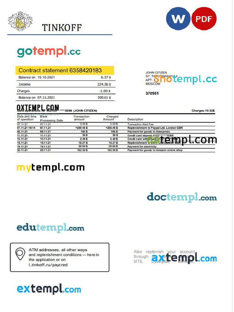 Doctempl - Russia Tinkoff Bank Proof of Address Statement (English ...
