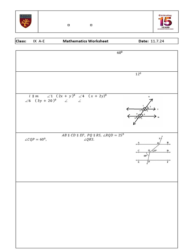 Lines and Angles School Worksheet | PDF