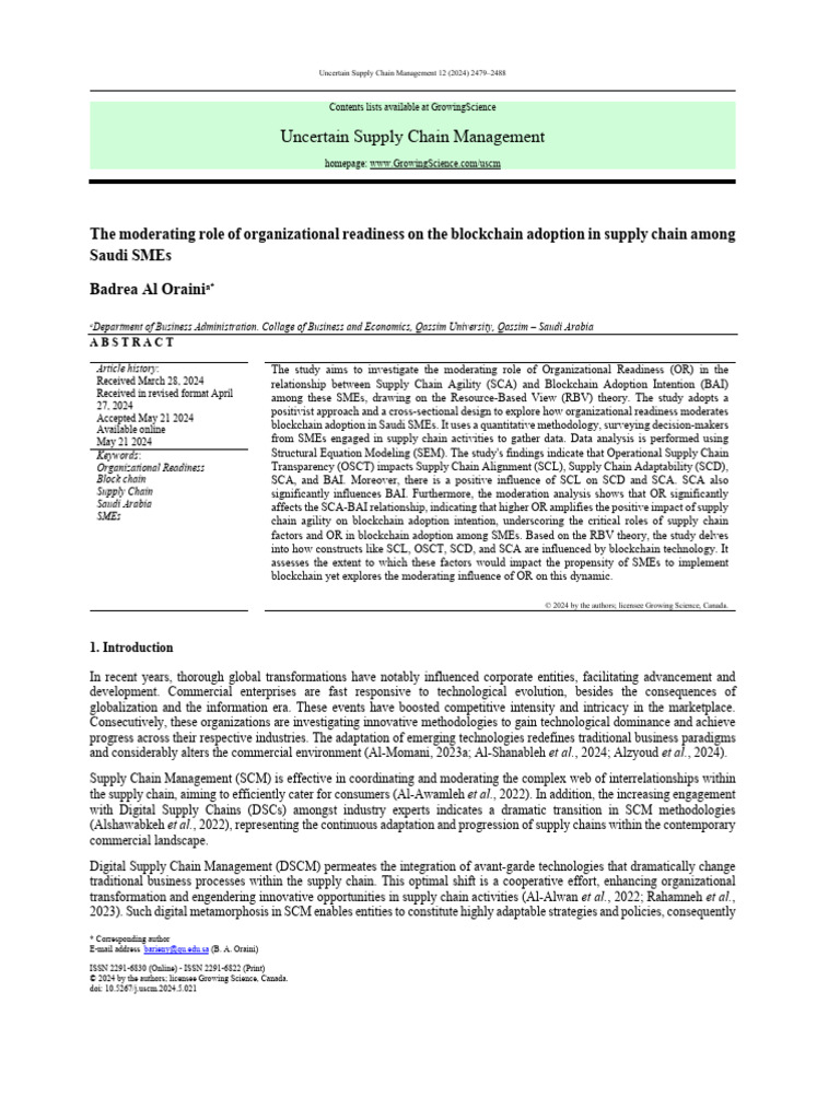 Blockchain Adoption in Saudi SMEs | PDF | Survey Methodology | Supply Chain