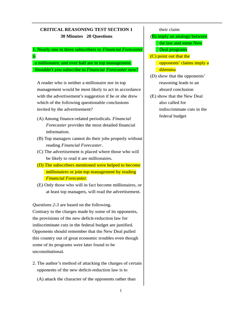Critical Reasoning Test Practice Questions | PDF | Minimum Wage ...