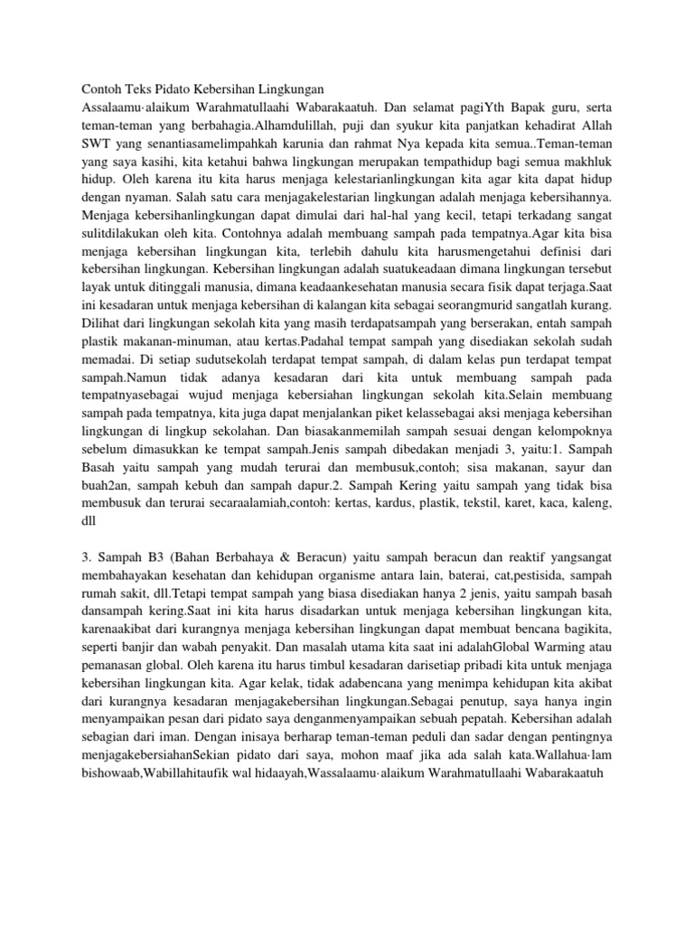 Contoh Teks Pidato Kebersihan Lingkungan