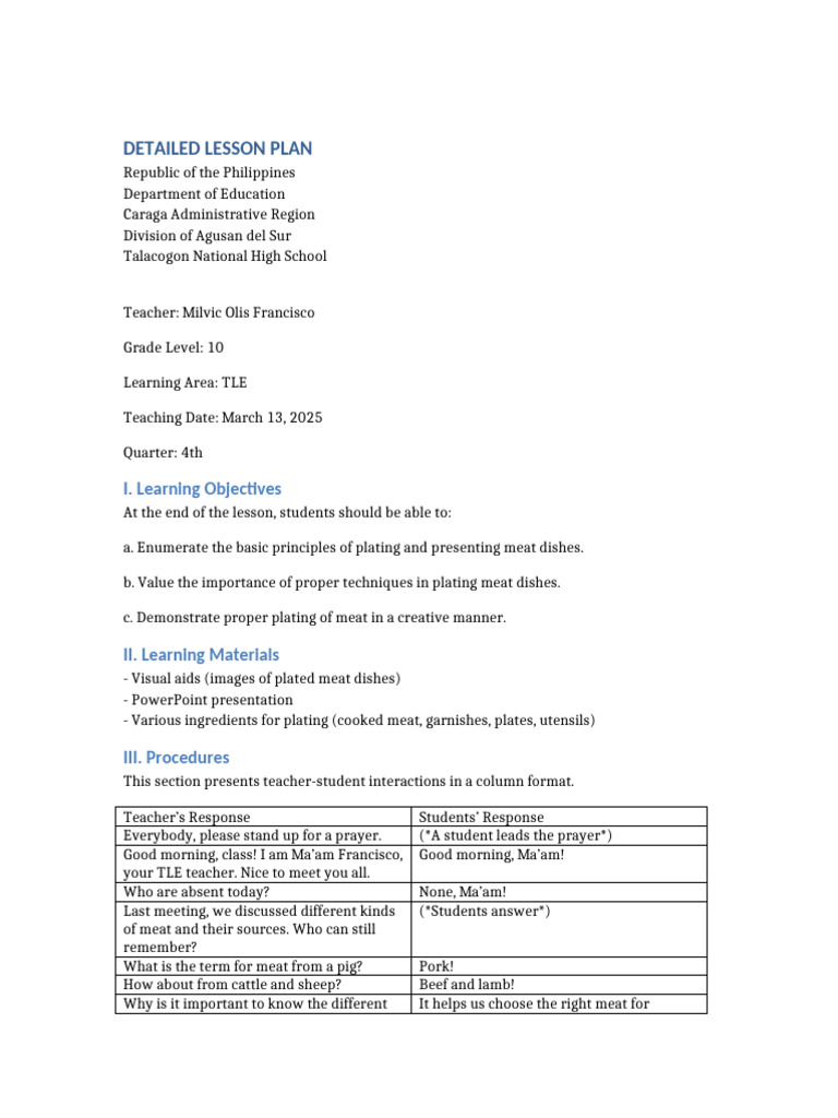 Grade 10 TLE Meat Plating Lesson Plan | PDF | Cognition | Learning
