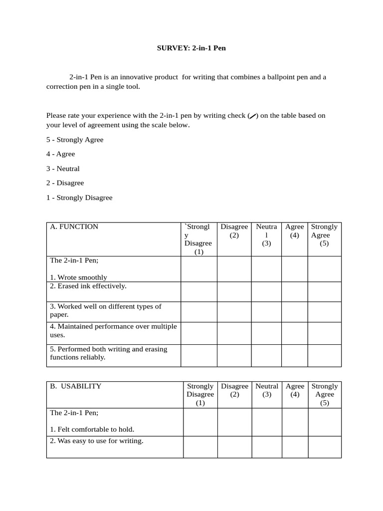 2-in-1 Pen User Experience Survey | PDF
