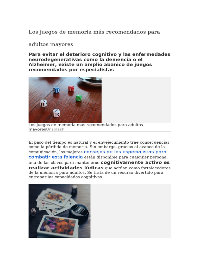 Los Juegos de Memoria Más Recomendados para Adultos Mayores | PDF ...