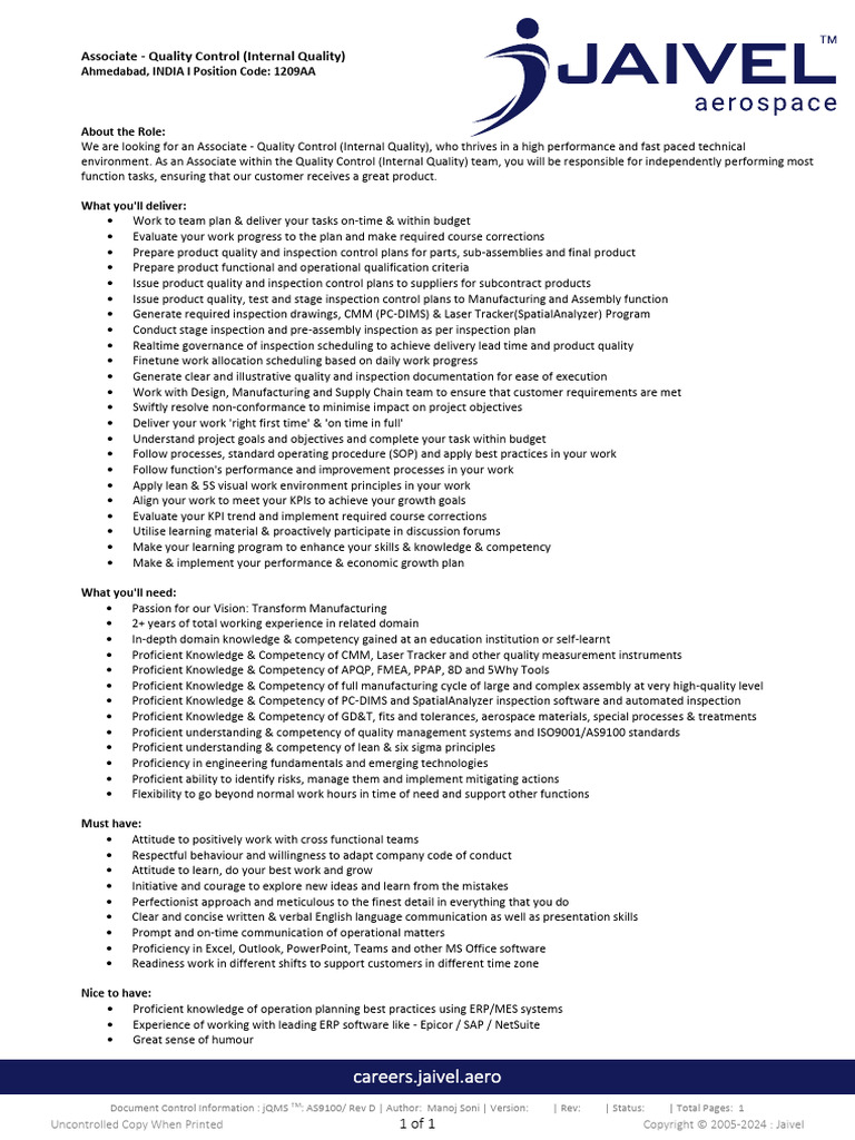 Quality Control Associate Role at Jaivel | PDF | Knowledge | Supply Chain