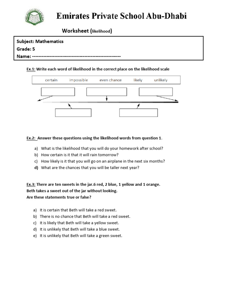 Likelihood Worksheet for Grade 5 | PDF