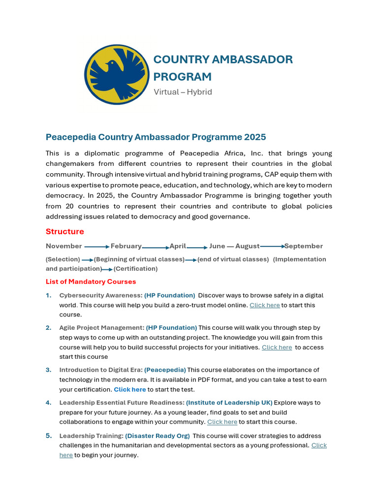Peacepedia Country Ambassador Program 2025 | PDF