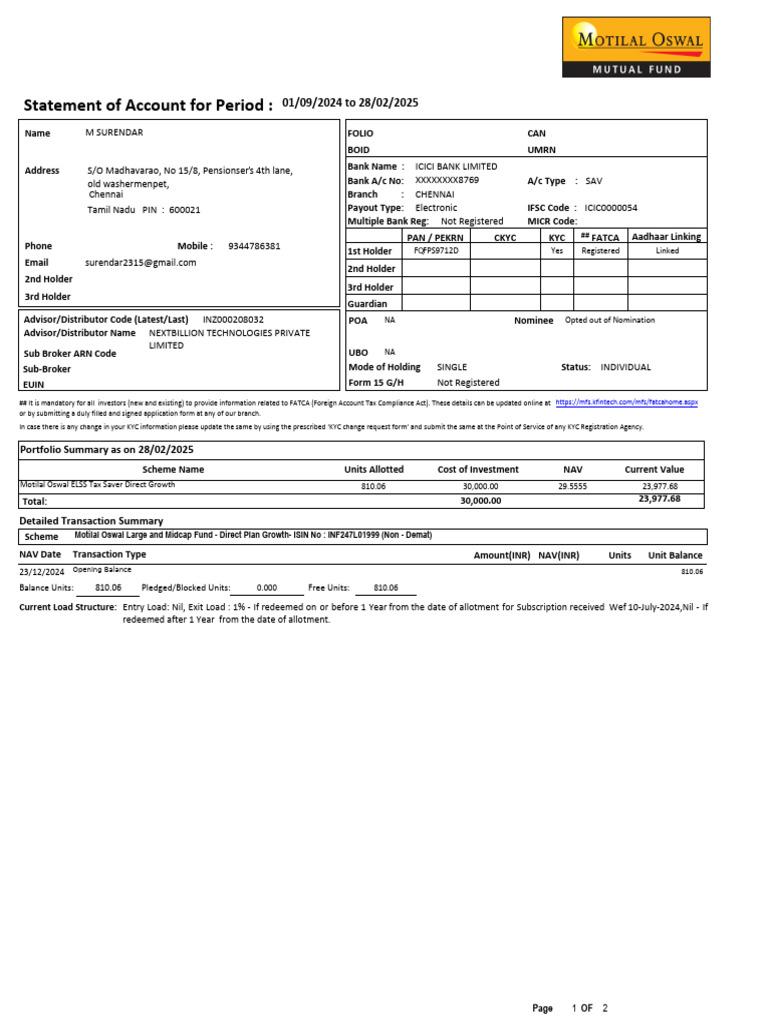Motilal Oswal ELSS Fund Statement | PDF