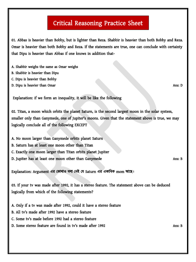 Logical Reasoning Practice Questions | PDF | Argument | Planets