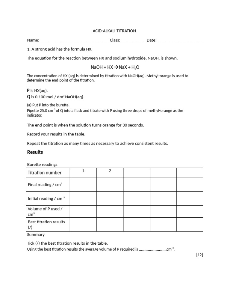Acid-Alkali Titration Worksheet | PDF
