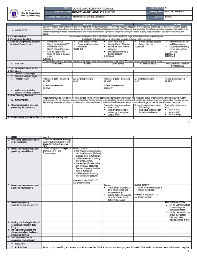 Grade VI TLE Weekly Lesson Plan | PDF | Educational Technology | Learning