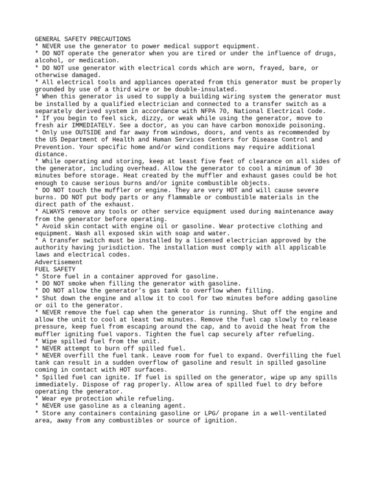 Diesel Generator Safety Guidelines | PDF | Gasoline | Engines