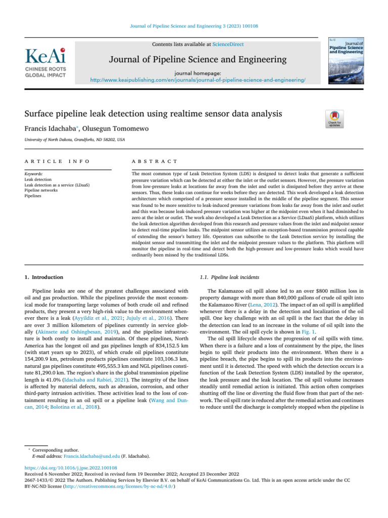 Surface Pipeline Leak Detection Using Realtime Sensor Data Analysis ...