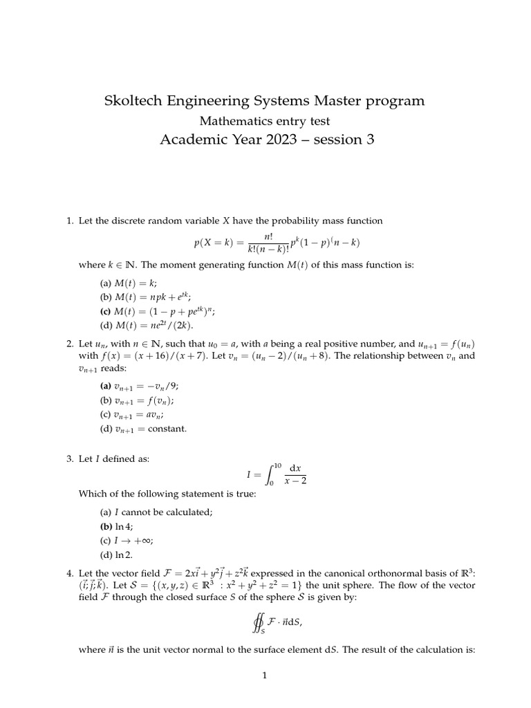 Skoltech Engineering Systems Math Test | PDF | Matrix (Mathematics ...
