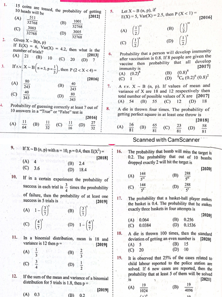 Binomial Distribution PYQ MCQ | PDF