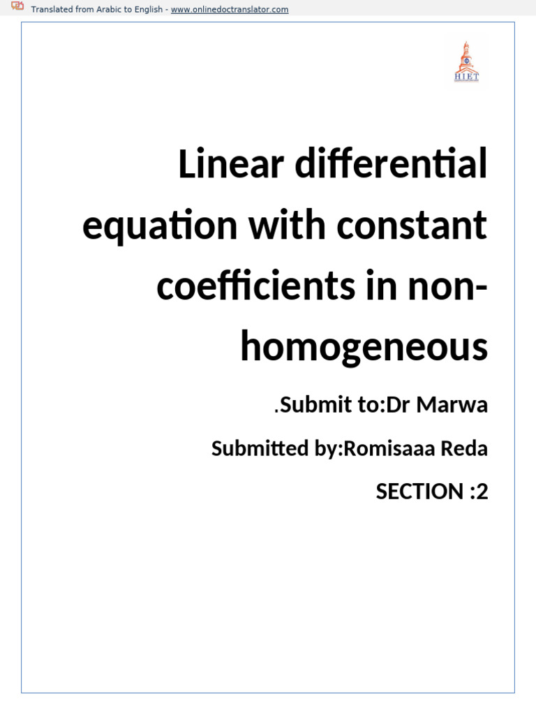Linear Differential Equation With Constant Coefficients in Non - Ar.en ...