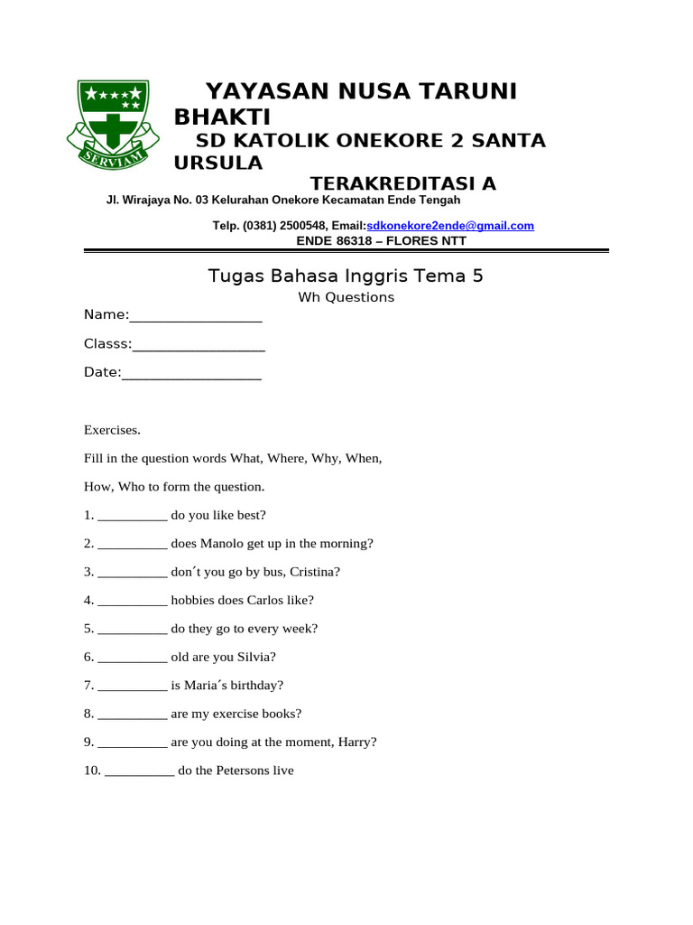 English Wh Questions Exercise Worksheet | PDF