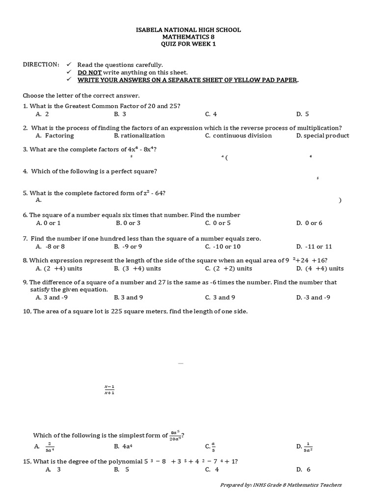 G8 Q1 Assesment Set 5a 5B | PDF | Polynomial | Rational Number