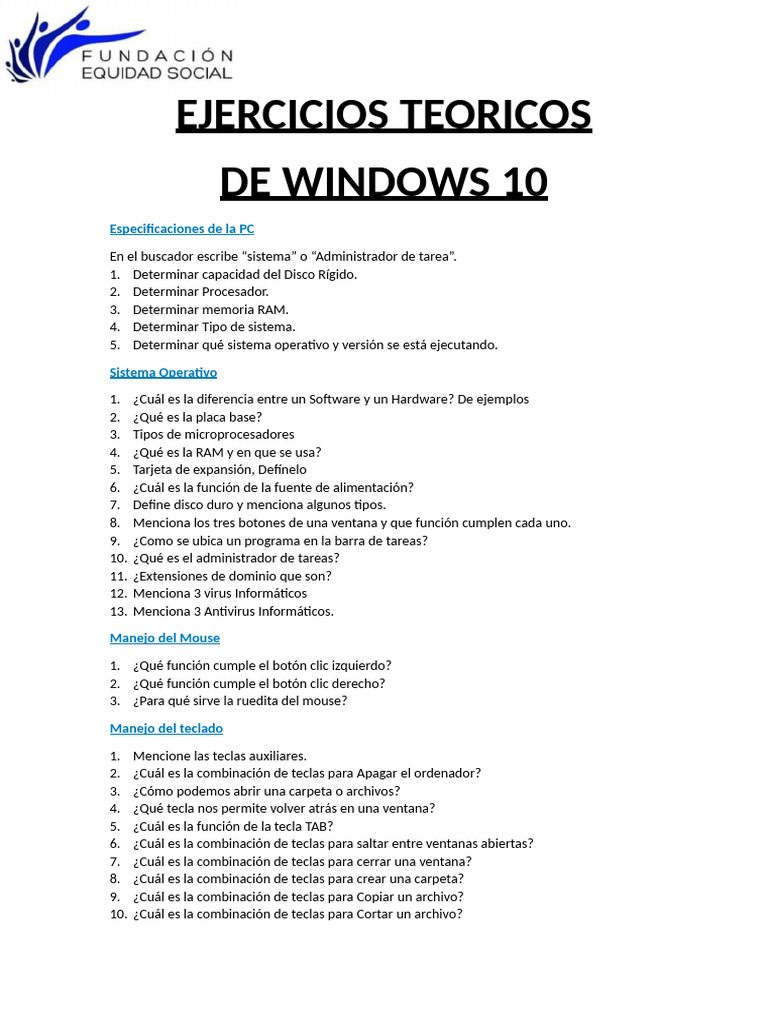 Ejercicios Teóricos de Windows 10 | PDF | Archivo de computadora ...