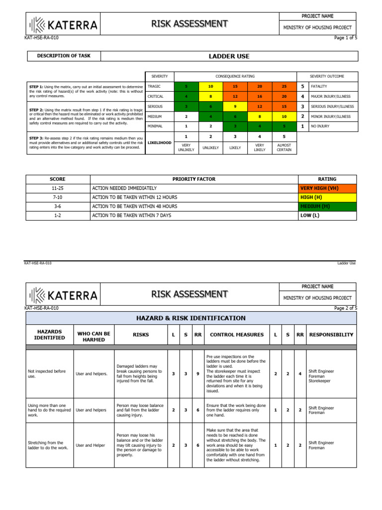 KAT-HSE-RA-010 Ladder Use | PDF | Risk | Ladder