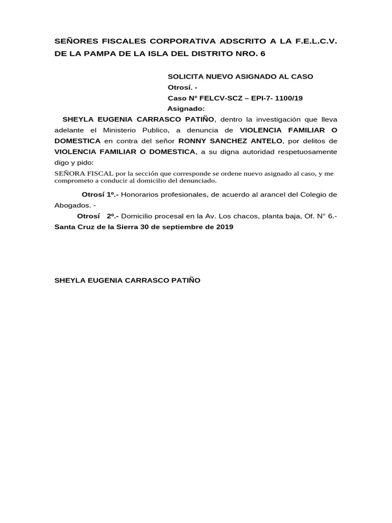 Solicitud de Nuevo Asignado en Casos de Violencia Familiar | PDF ...