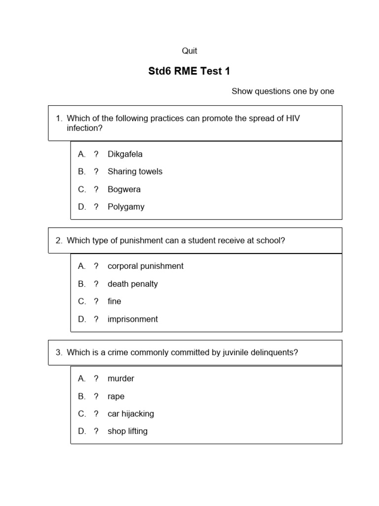 Std 6 RME Test Questions and Answers | PDF | Prayer | Karma