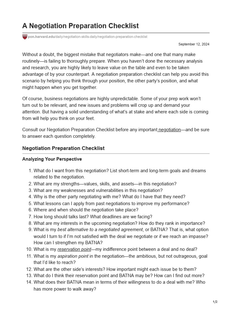 Harvard Negotiation Prep Checklist | PDF | Negotiation | Human ...