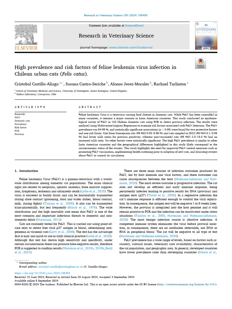 Risk Factor of Feline Leukemia Virus | PDF | Virology | Medicine