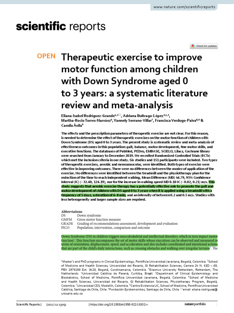 Exercise Impact on Motor Skills in Down Syndrome | PDF | Systematic ...