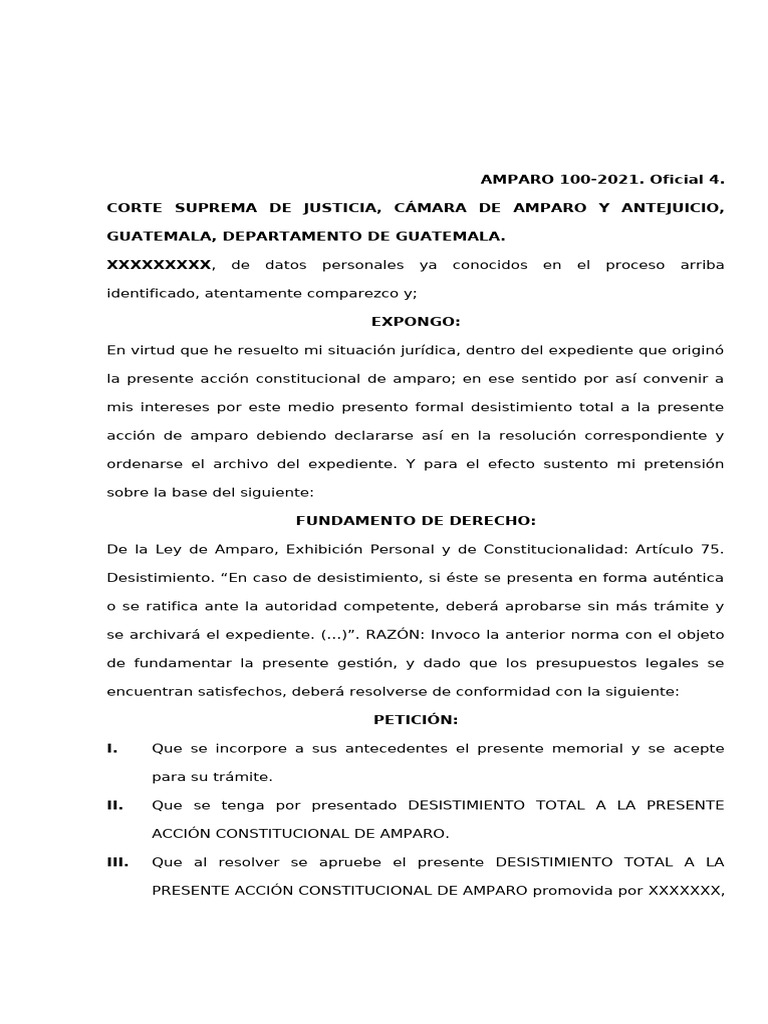 Desistimiento Total de Amparo 100-2021 | PDF | Justicia | Crimen y ...