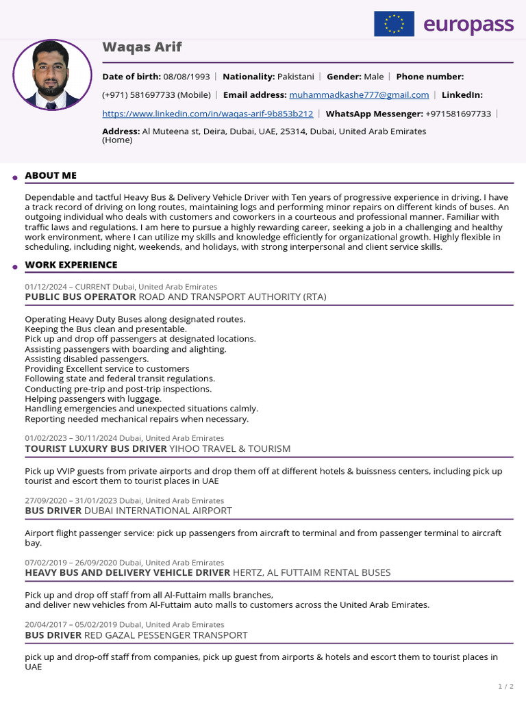 Waqas Arif: Experienced Bus Driver | PDF | Dubai | Bus